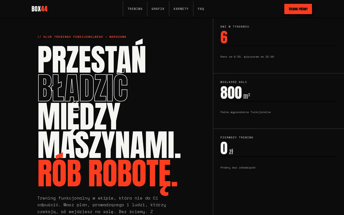 Strona BOX 44 — brutalistowy design klubu treningu funkcjonalnego