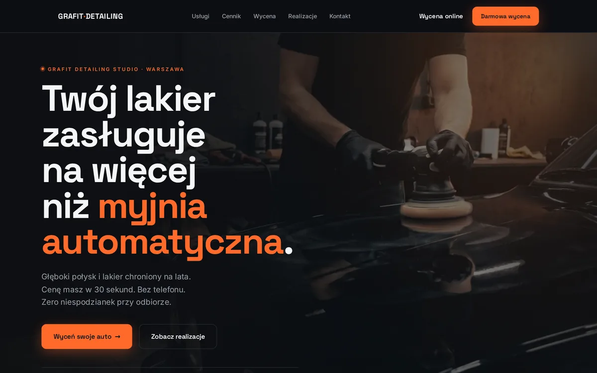 Strona Grafit Detailing — ciemny kinowy design z kalkulatorem wyceny