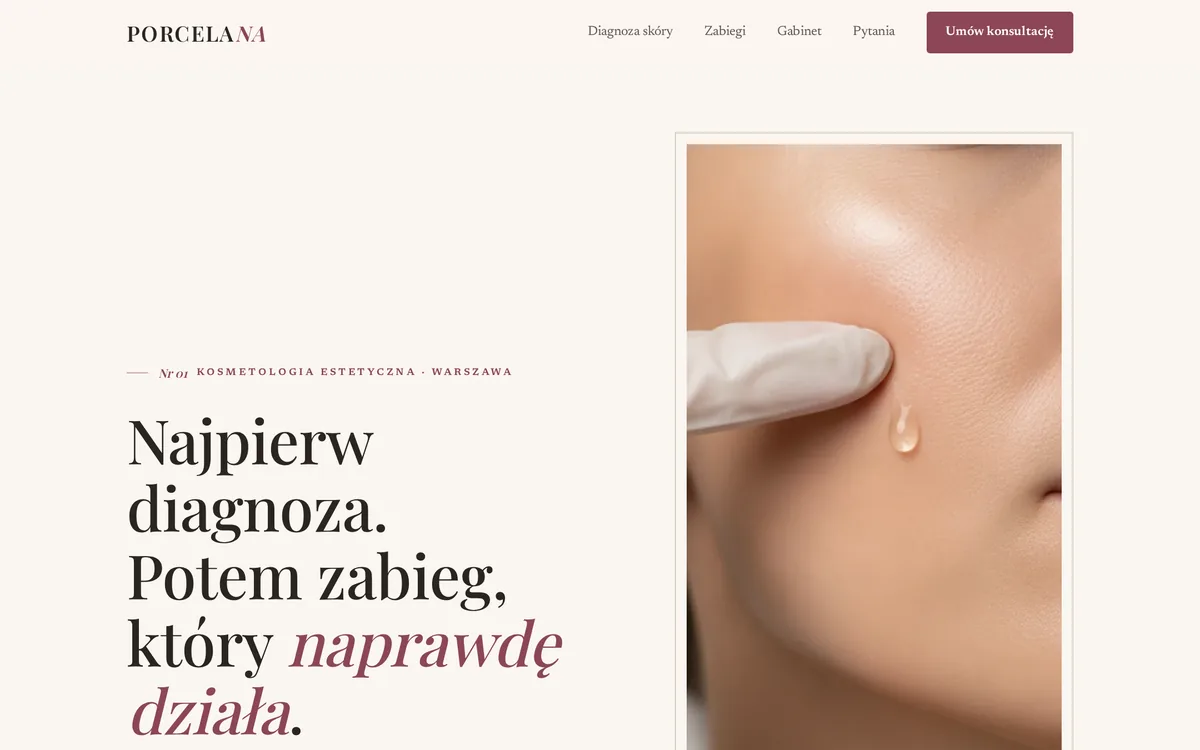 Strona Porcelana — jasny editorial gabinetu kosmetologii z dobieraczem zabiegu